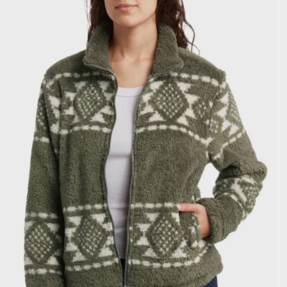 Lucky Brand Geo Print Faux Fur Zip Sherpa MSRP$189 Gorgeous Pattern Super Soft